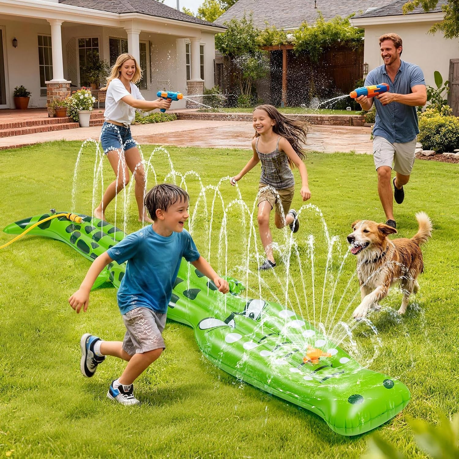 Water Sprinkler for Kids, 99"×15" Extra Large Crocodile Inflatable Kids Sprinkler, Durable Sprinkler Splash Pad for Ages 3 4 5 6 7 8 9, Outdoor Water Play Sprinklers for Boys, Girls and Dogs