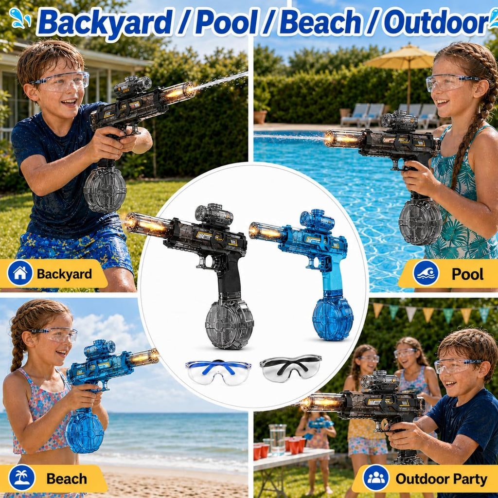 2 Pack Electric Water Guns, Automatic Squirt Guns for Kids | Rechargeable Battery Water Blasters with LED Lights, Sound Effects, Goggles, Pool Beach Backyard Summer Play