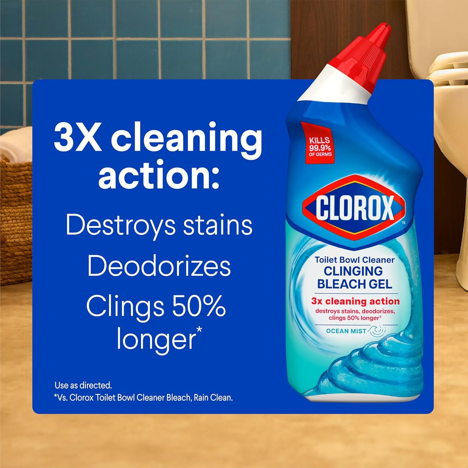 Toilet Bowl Cleaner Clinging Bleach Gel, Kills 99.9% of Bacteria and Viruses, Ocean Mist, 24 Fl Oz, Pack of 2