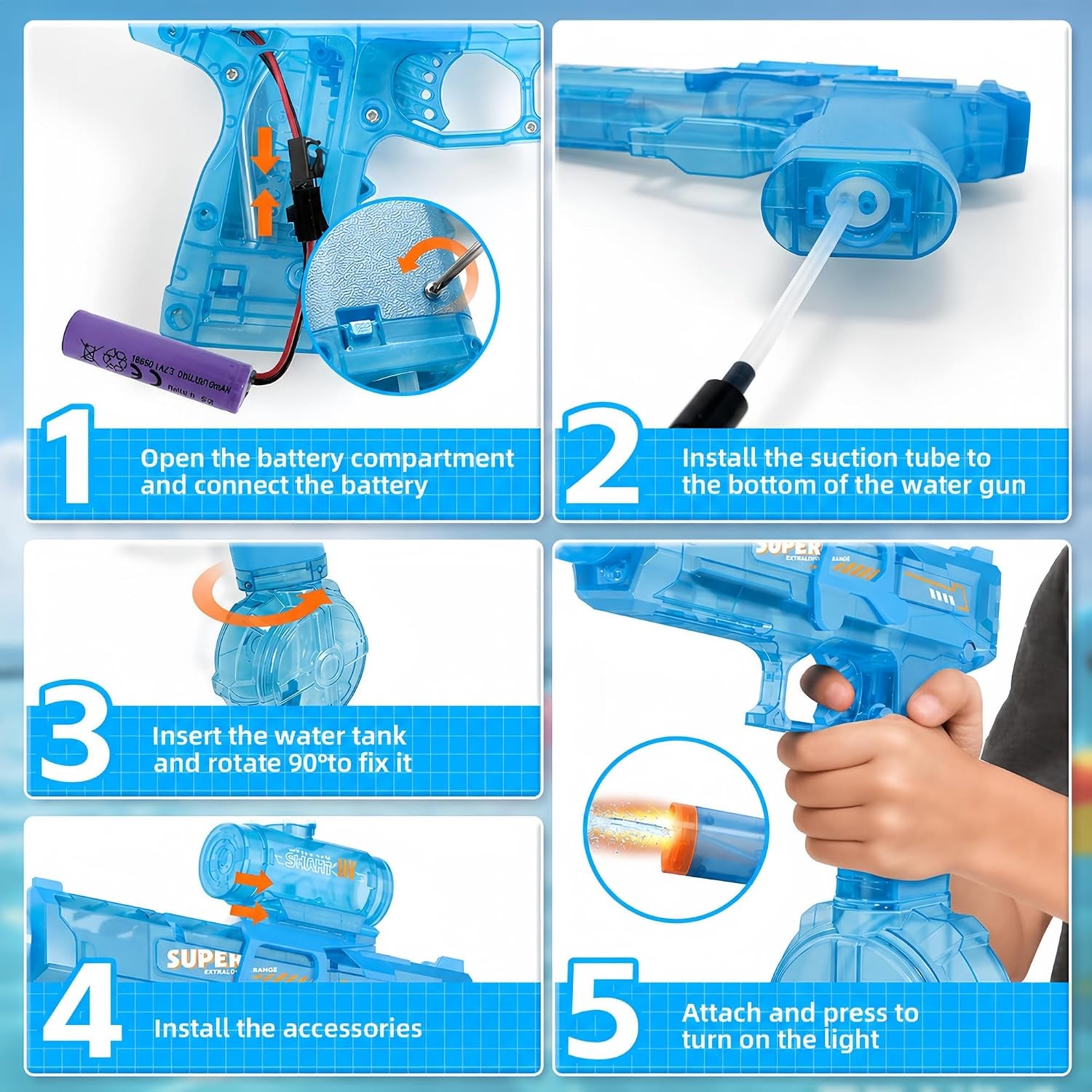 2 Pack Electric Water Guns, Automatic Squirt Guns for Kids | Rechargeable Battery Water Blasters with LED Lights, Sound Effects, Goggles, Pool Beach Backyard Summer Play