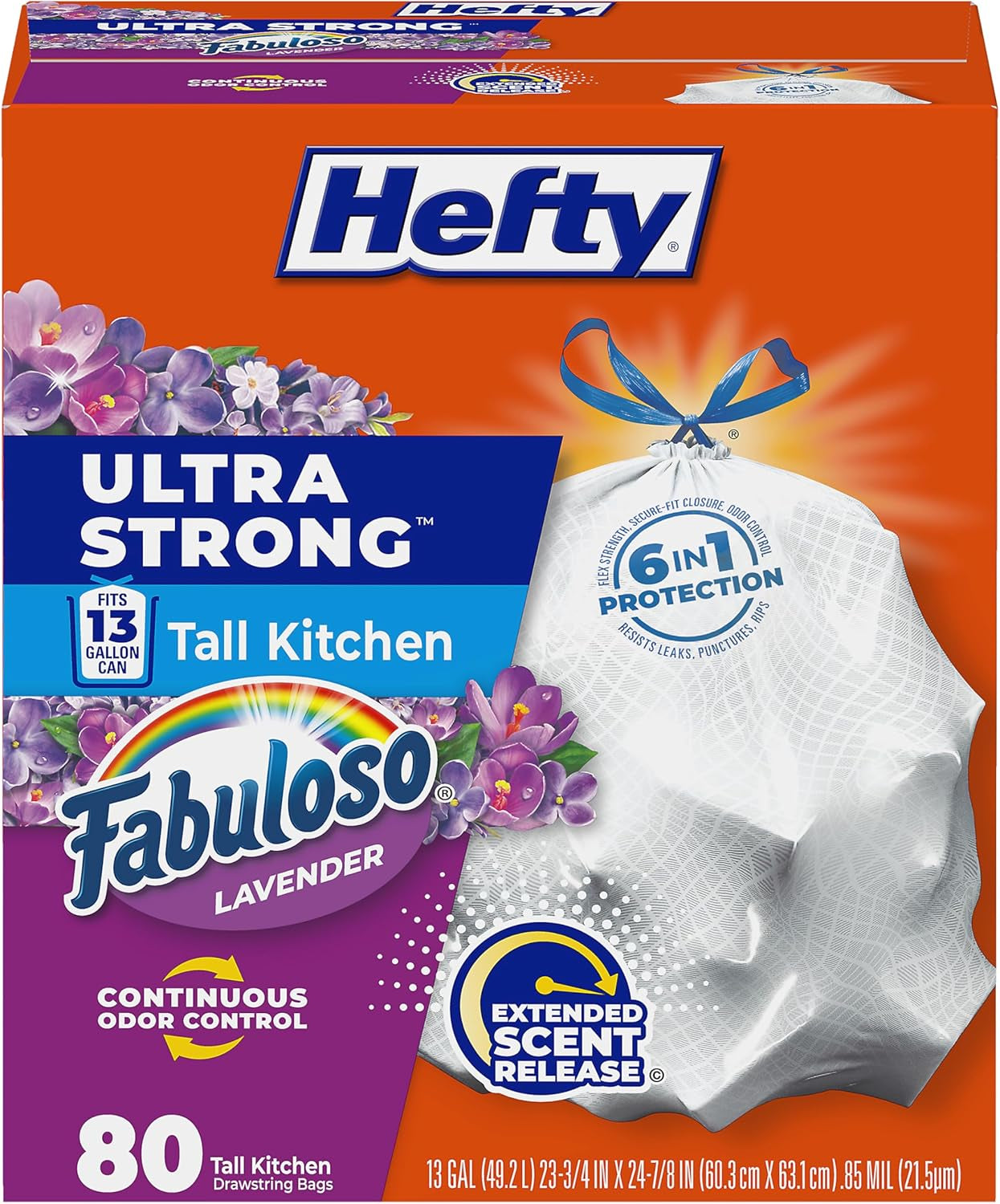 Ultra Strong 13 Gallon Trash Bags, Tall Kitchen Trash Bags 13 Gallon Size, Resist Leaks, Punctures, and Rips, Continuous Odor Control, White, Fabuloso Lavender Scent, 80 Bags