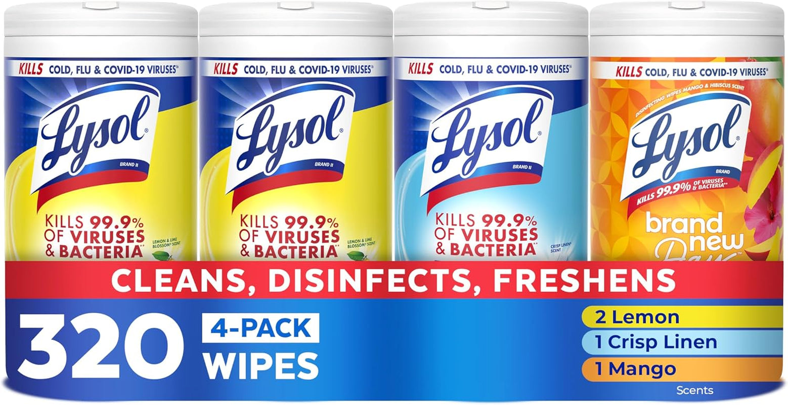 Disinfecting Wipes, All Purpose Cleaner, Multi-Surface Antibacterial Cleaning Wipes, Household Cleaning Supplies, Dorm Essentials, Lemon + Mango & Hibiscus + Crisp Linen Scent, 80 Ct. (4 Pack)