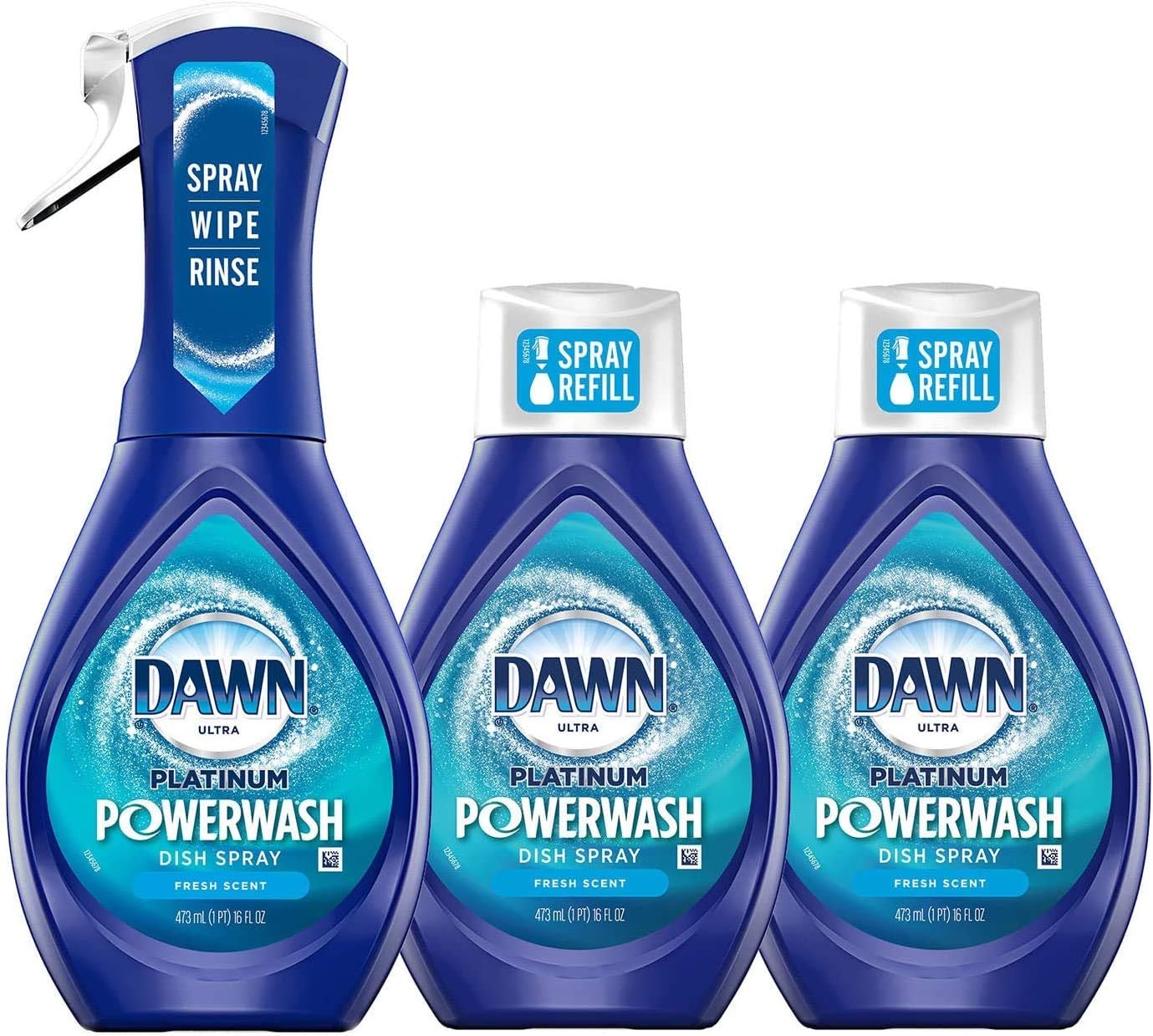 Powerwash Spray, Dish Soap, Dishwashing Liquid, Fresh, 1 Starter Kit + 3 Refills, 4X16 Fl Oz