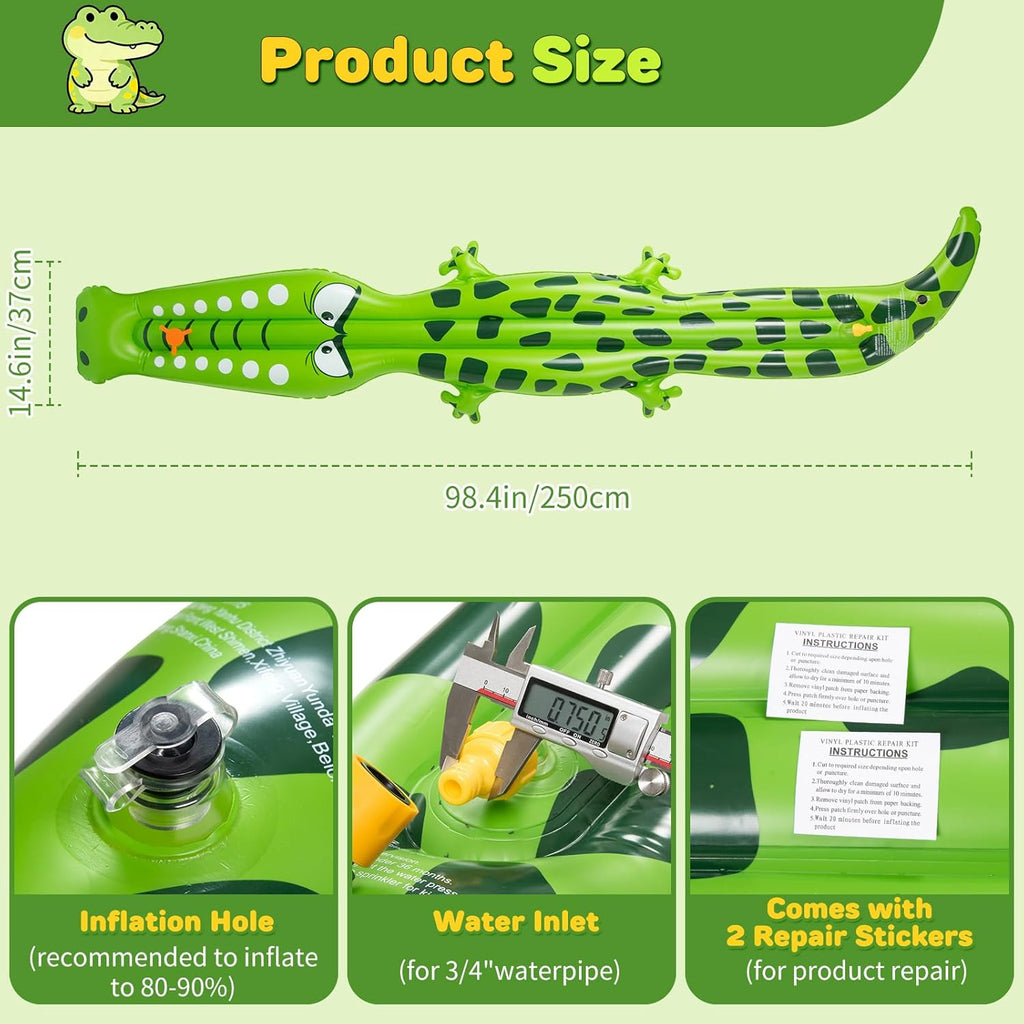 Water Sprinkler for Kids, 99"×15" Extra Large Crocodile Inflatable Kids Sprinkler, Durable Sprinkler Splash Pad for Ages 3 4 5 6 7 8 9, Outdoor Water Play Sprinklers for Boys, Girls and Dogs