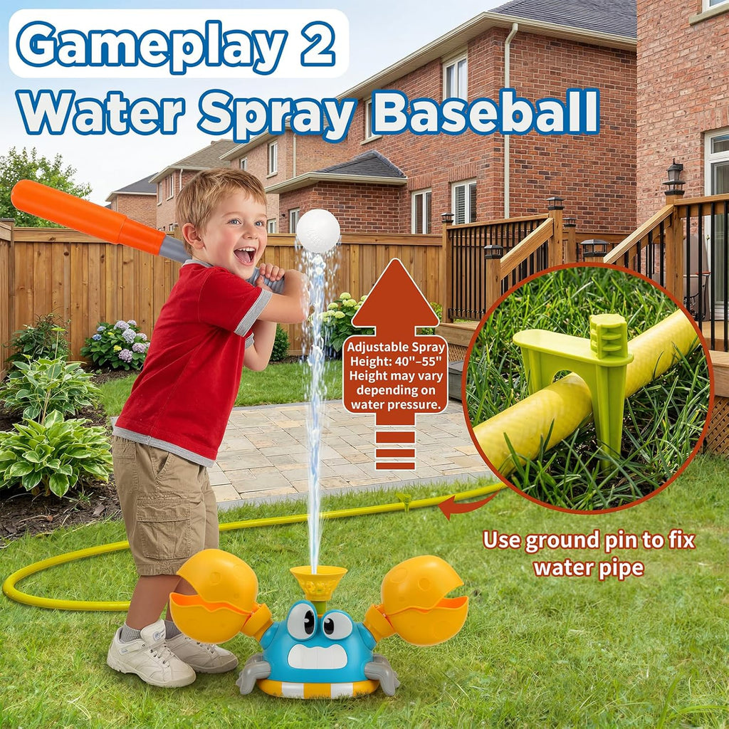 Water Sprinkler for Kids, 3-In-1 Crab Outdoor Toy with Toss Game, Batting Game & Splashing Fun, Attaches to Garden Hose, Summer Backyard Lawn Toy for Boys & Girls Ages 3-8 (Blue Crab)