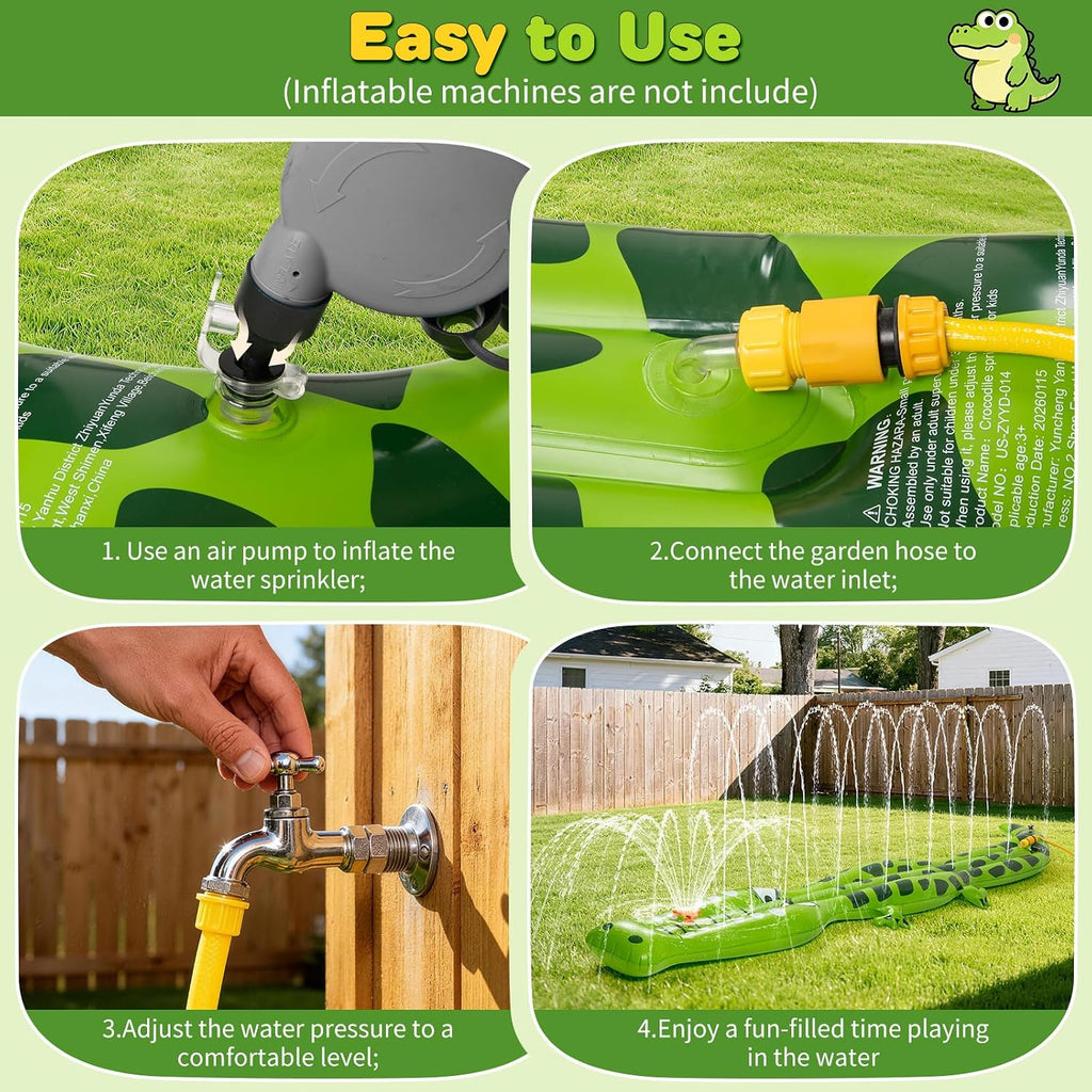 Water Sprinkler for Kids, 99"×15" Extra Large Crocodile Inflatable Kids Sprinkler, Durable Sprinkler Splash Pad for Ages 3 4 5 6 7 8 9, Outdoor Water Play Sprinklers for Boys, Girls and Dogs