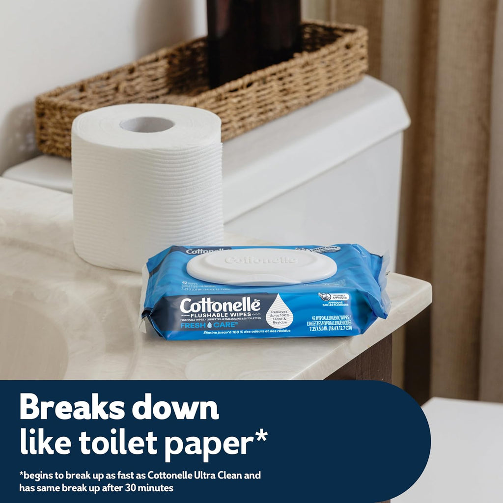 Cottonelle Fresh Feel Flushable Wet Wipes, Adult Wet Wipes, 8 Flip-Top Packs, 42 Wipes per Pack (336 Total Wipes), Packaging May Vary