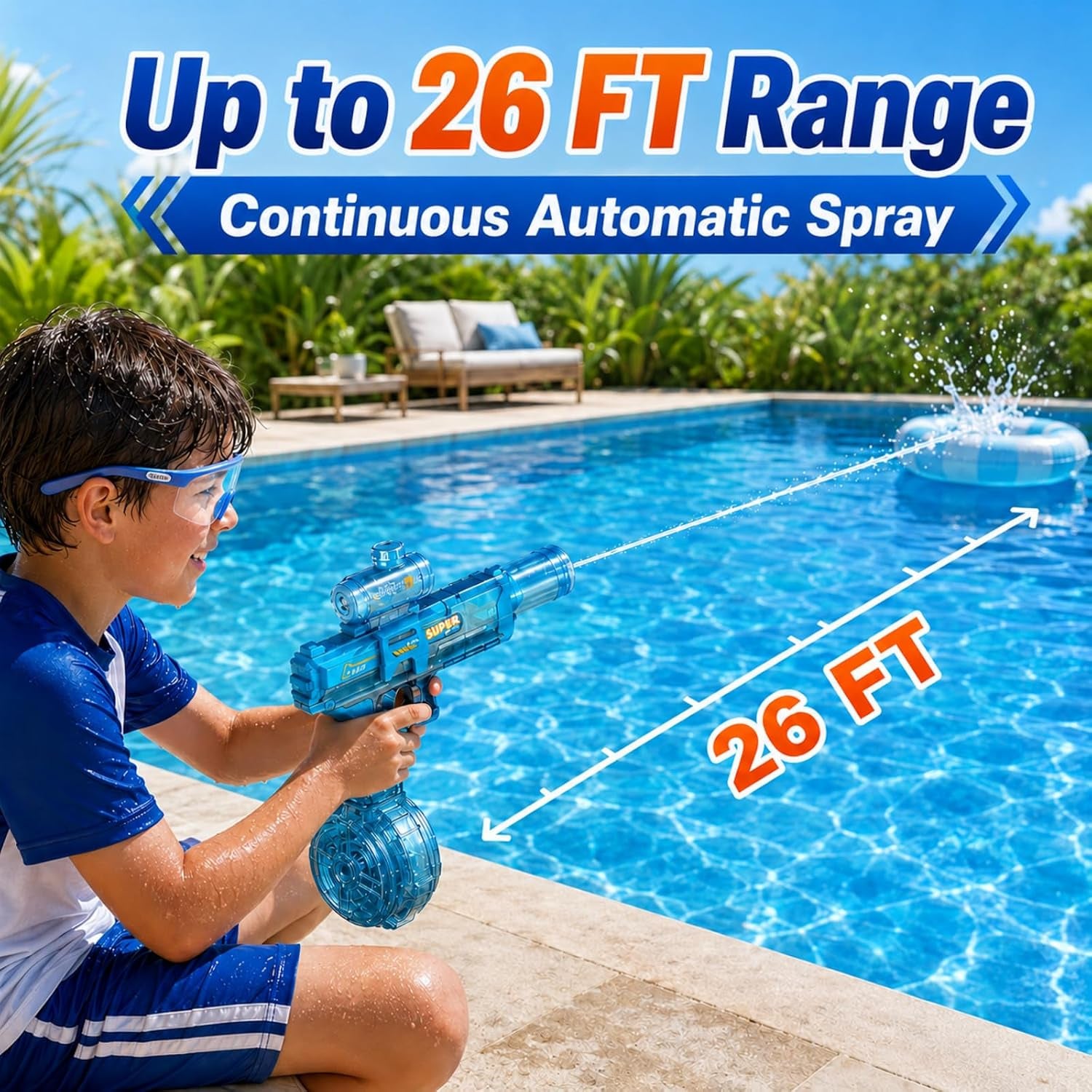 2 Pack Electric Water Guns, Automatic Squirt Guns for Kids | Rechargeable Battery Water Blasters with LED Lights, Sound Effects, Goggles, Pool Beach Backyard Summer Play