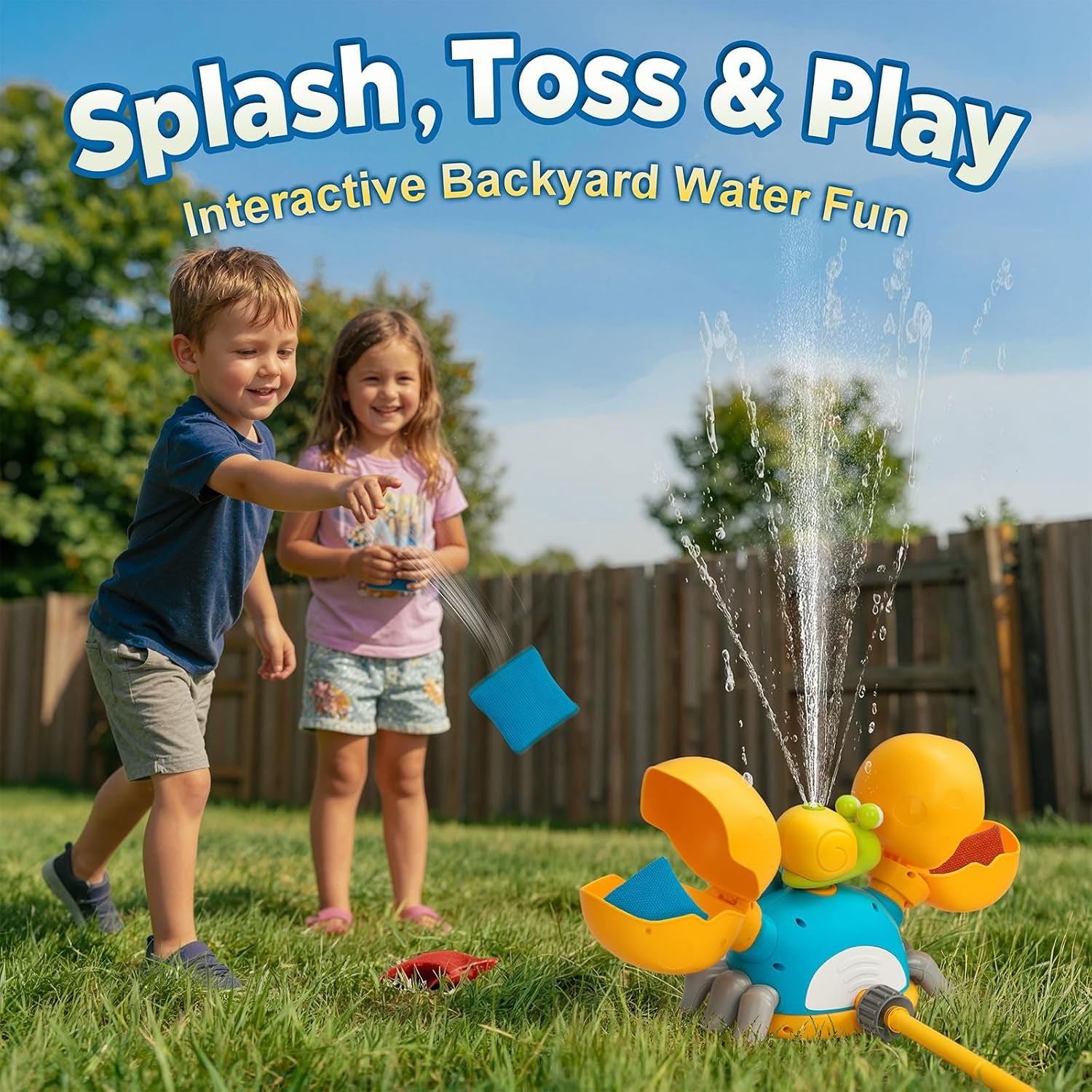 Water Sprinkler for Kids, 3-In-1 Crab Outdoor Toy with Toss Game, Batting Game & Splashing Fun, Attaches to Garden Hose, Summer Backyard Lawn Toy for Boys & Girls Ages 3-8 (Blue Crab)